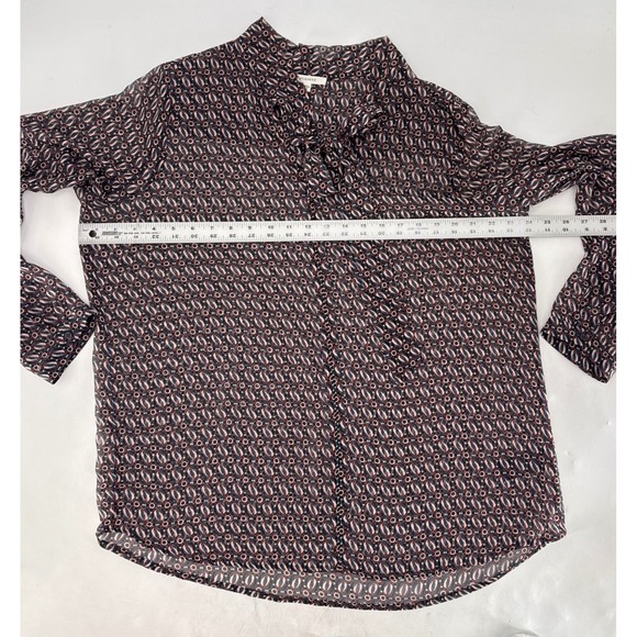 Pleione Womens XL Blue Red Geometric Print Tie Neck Chiffon Blouse Long Sleeve - Picture 7 of 7